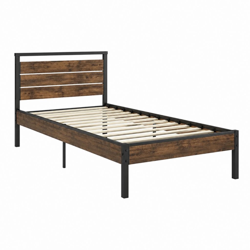 Einzelbett Bettgestell 90 x 200 cm Braun Schwarz aus Stahl MDF mit Lattenrost