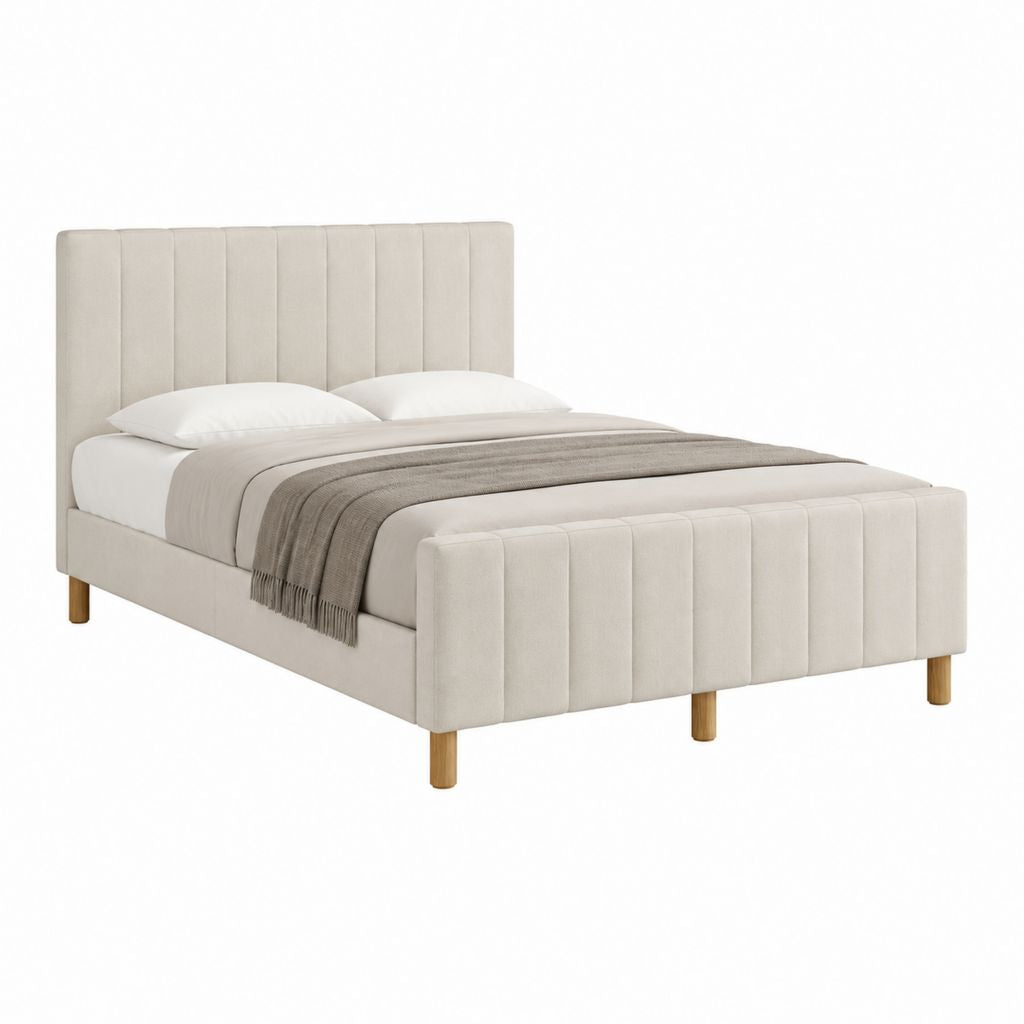Polsterbett Doppelbett Beige Samt mit vertikal gestepptem Kopfteil 160 x 200 cm