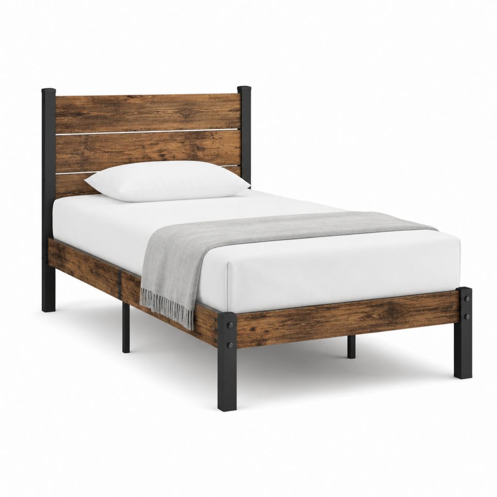 Einzelbett Bettgestell 90 x 200 cm Braun Schwarz Stahl MDF Rechteckig