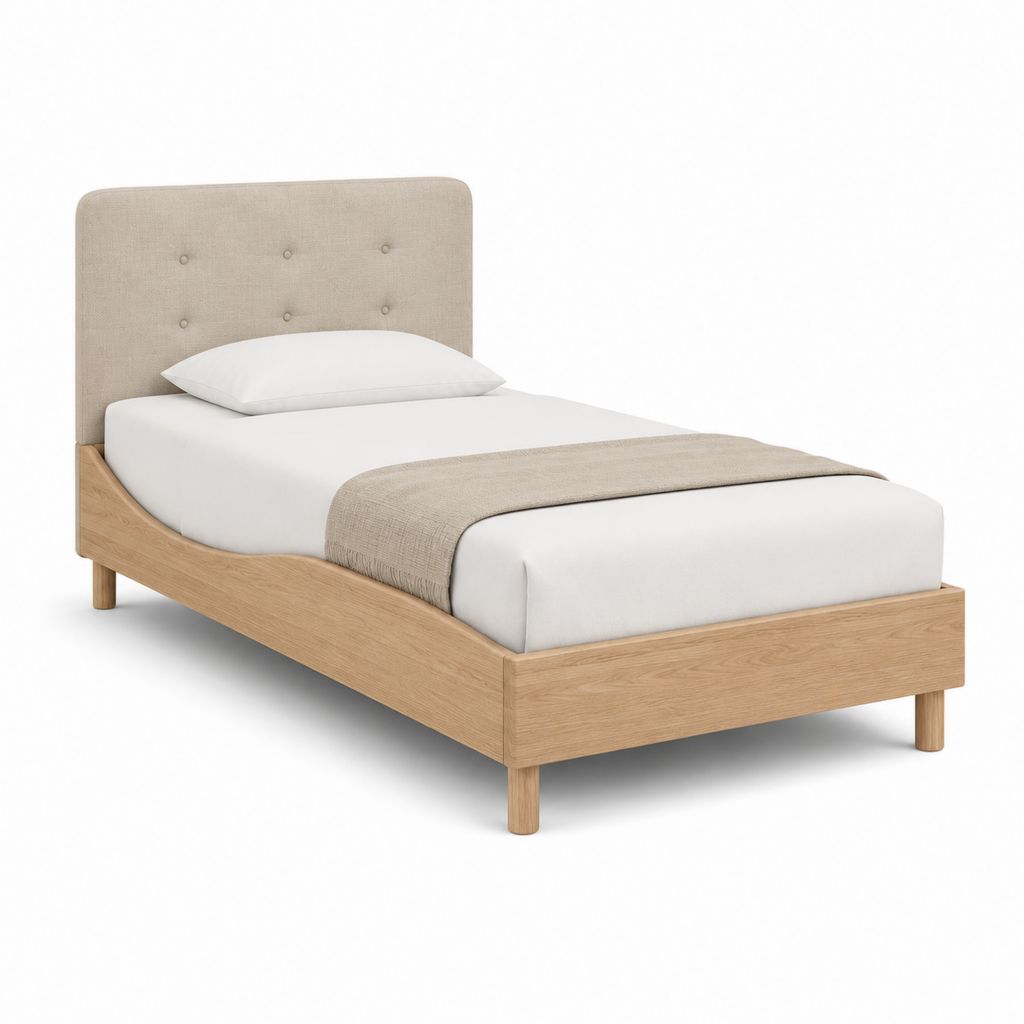 Einzelbettgestell Eichefarben mit beigefarbenem Polyester-Kopfteil 90 x 200 cm