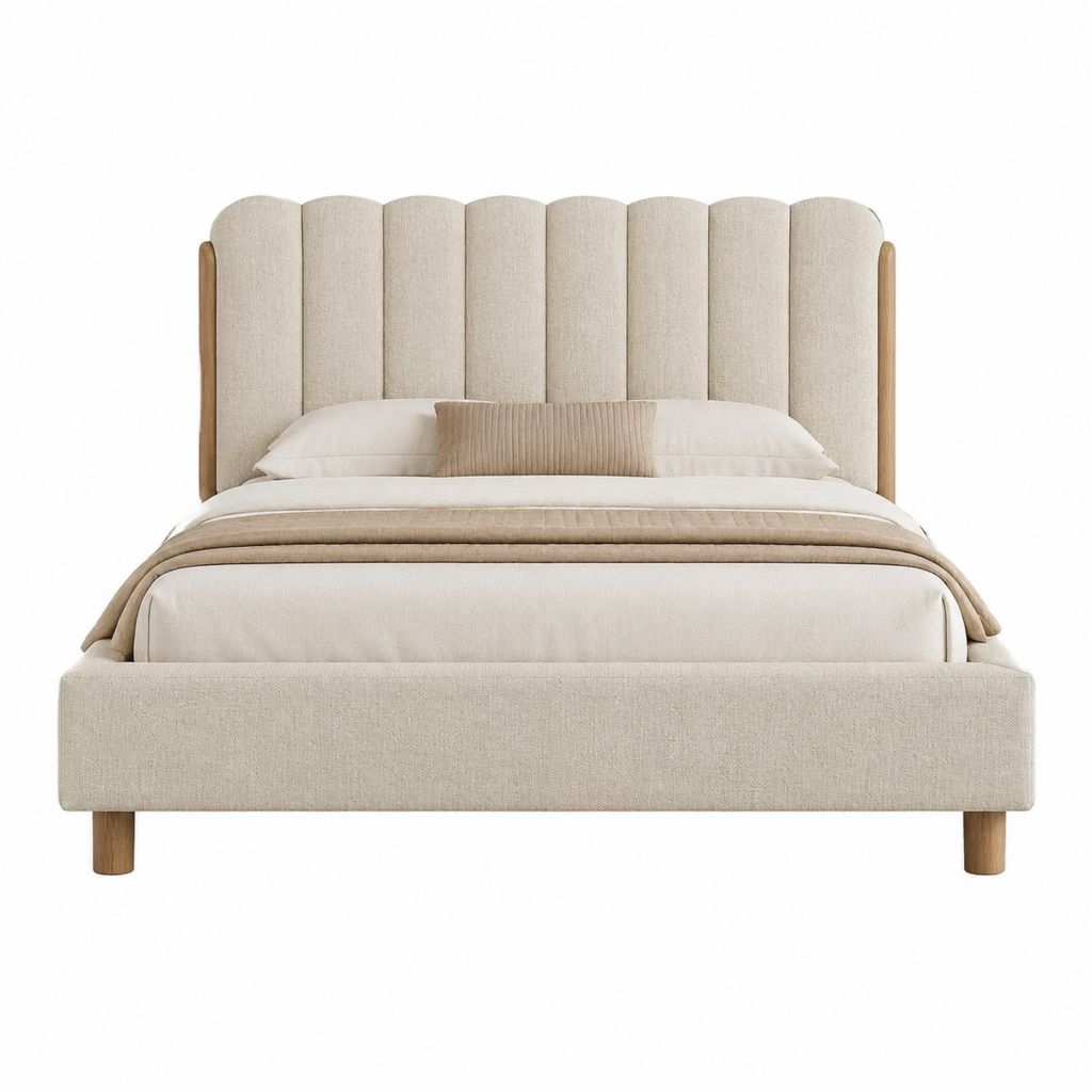 Polsterbett Doppelbett Beige mit Polyesterbezug und Massivholzbeinen Rechteckig 160 x 200 cm