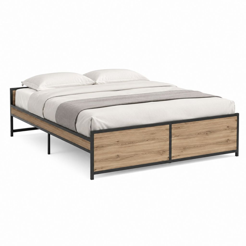 Metallbett Doppelbett Schwarz Eiche-Optik Stahl Spanplatte rechteckig 160 x 200 cm