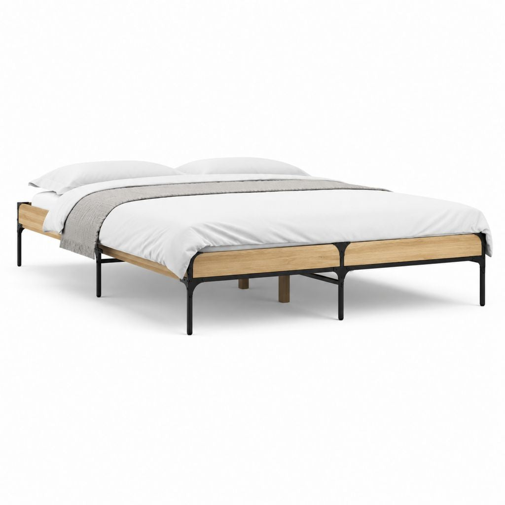 Doppelbett Bettgestell Natur Schwarz aus massivem Kiefernholz und Stahl 160 x 200 cm