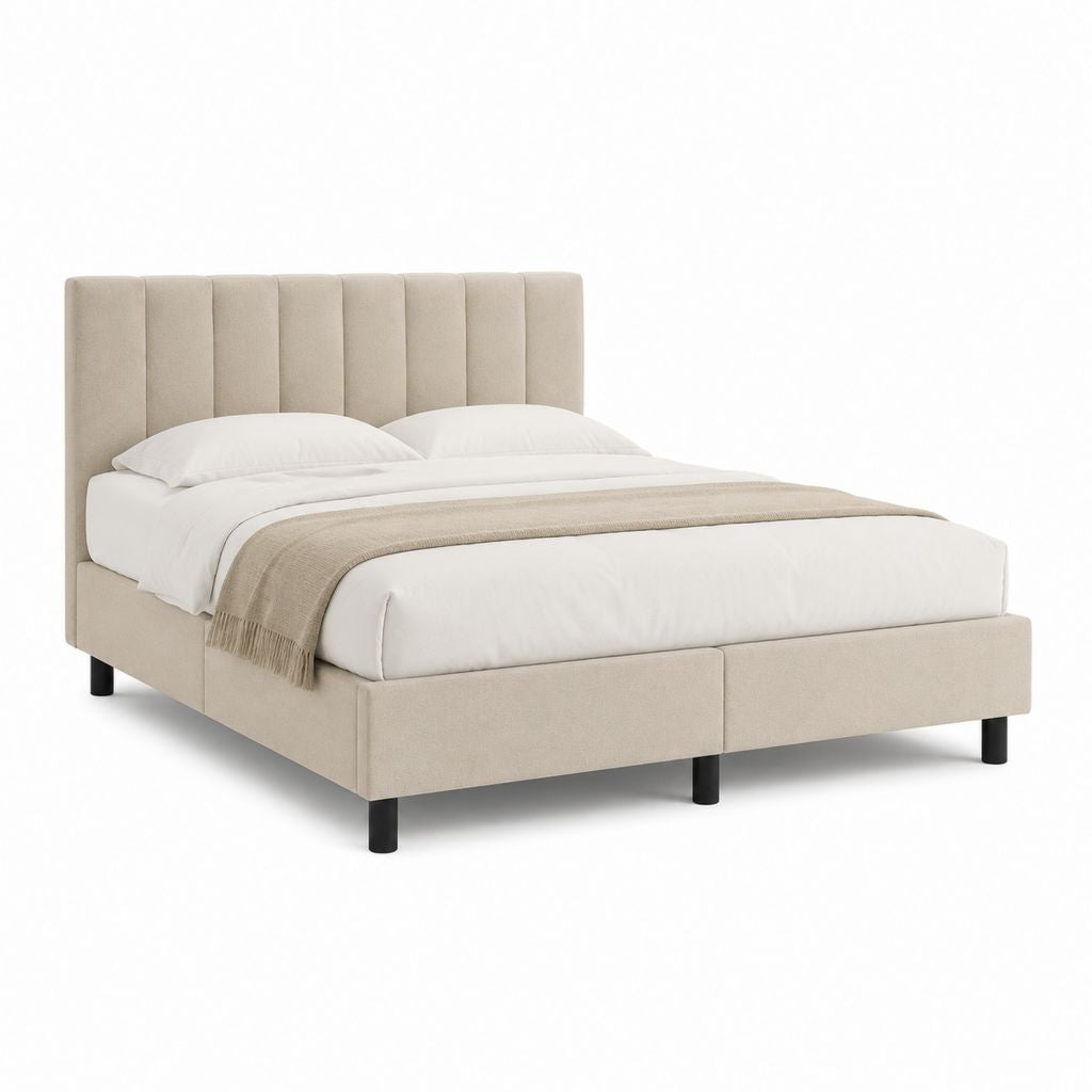 Polsterbett Doppelbett Beige mit Polyesterbezug und vertikal gestepptem Kopfteil 160 x 200 cm